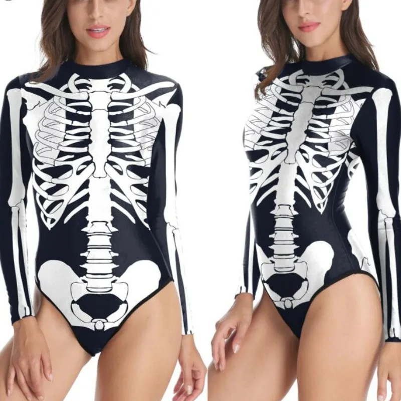 

Adult Scary Skeleton Printed Costume Halloween Cosplay Party Bodysuits Rompers Day of The Dead Zentai Jumpsuit Facny Dress