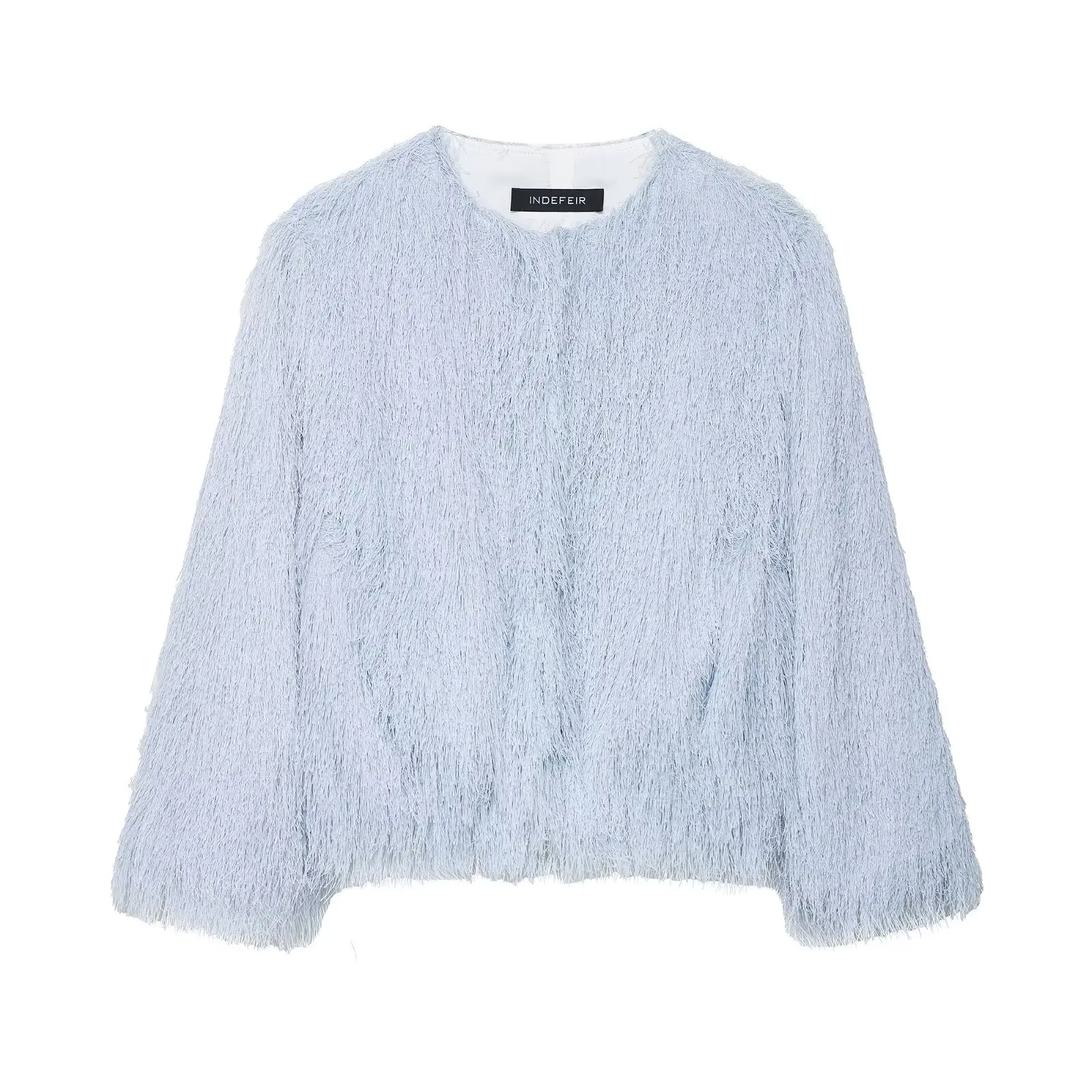 

Spring New Arrival Women's Jaet Coat with Tassel round Ne Light Blue Commute Sle Long Sve Polyester Fiber Coat