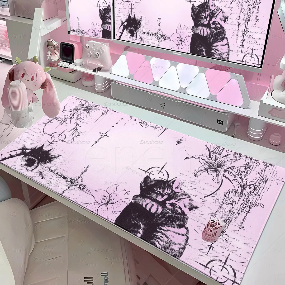 XXL Pink Black Cat Y2K Style Mousepad Overlock Non-Slip Rubber Deskmat PC Gaming Mechanical Keyboard Tablepad Office Accessories