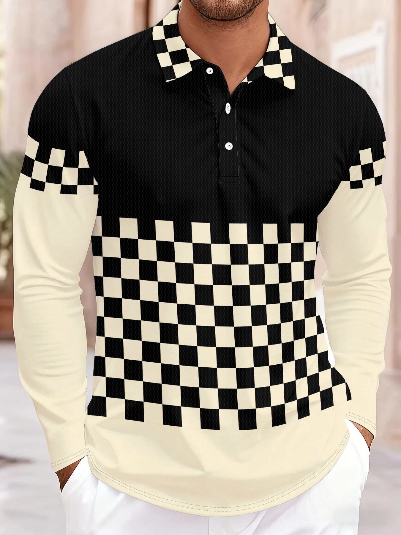 Men's Simple Check 3D Printed Button Polo Shirt for Autumn/Winter - Daily Streetwear for Males