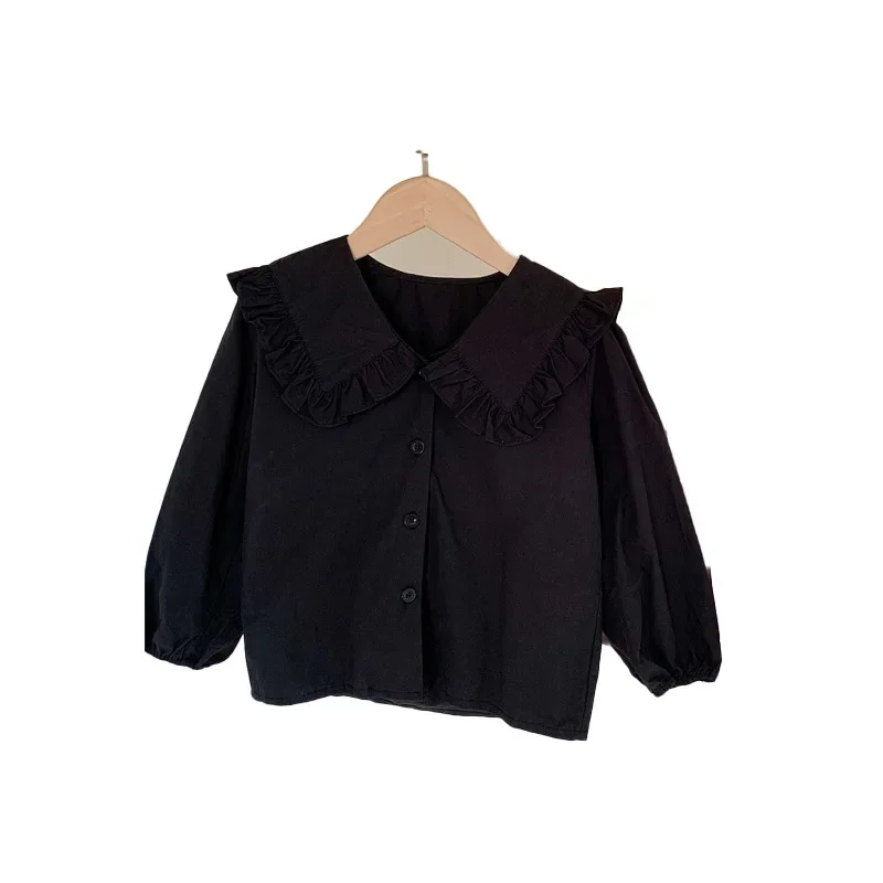 Girls Black Shirt 2024 Spring and Autumn New Korean Childrens Solid Color Doll Shirt Long Sleeve Big Collar Top