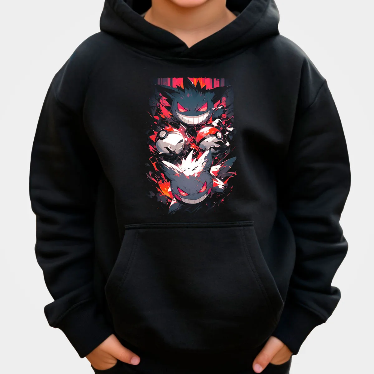 للجنسين بوكيمون أنيمي Gengar القطن الصوف هوديي أسود اللون مع المزدوج الأرجواني شبح عيون حمراء الناري هالة تصميم فضفاض صالح #1