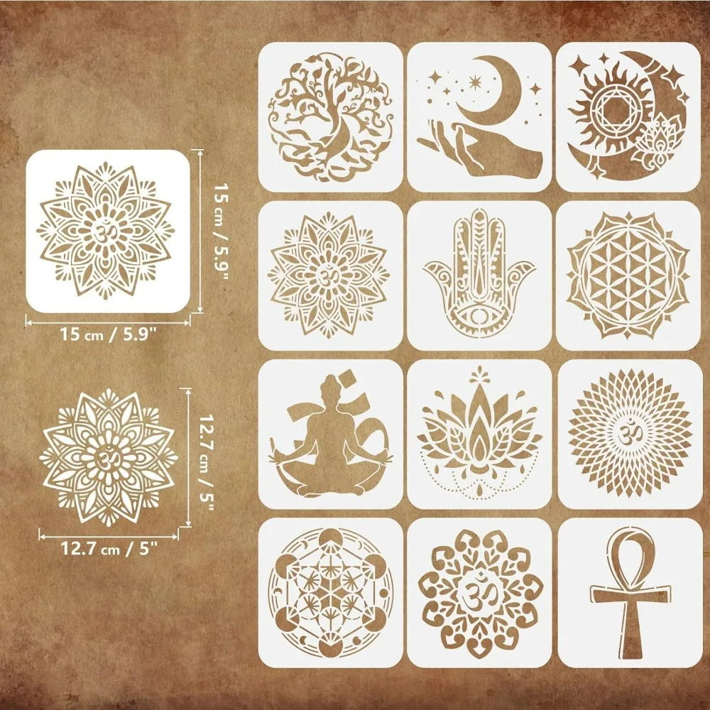 12 Pcs Sacred Geometry Stencil 5.9x5.9 inch Mandala Themed Stencil Plastic Yoga Lotus Flowers Tree of Life Hamsa Hand Sun Moon