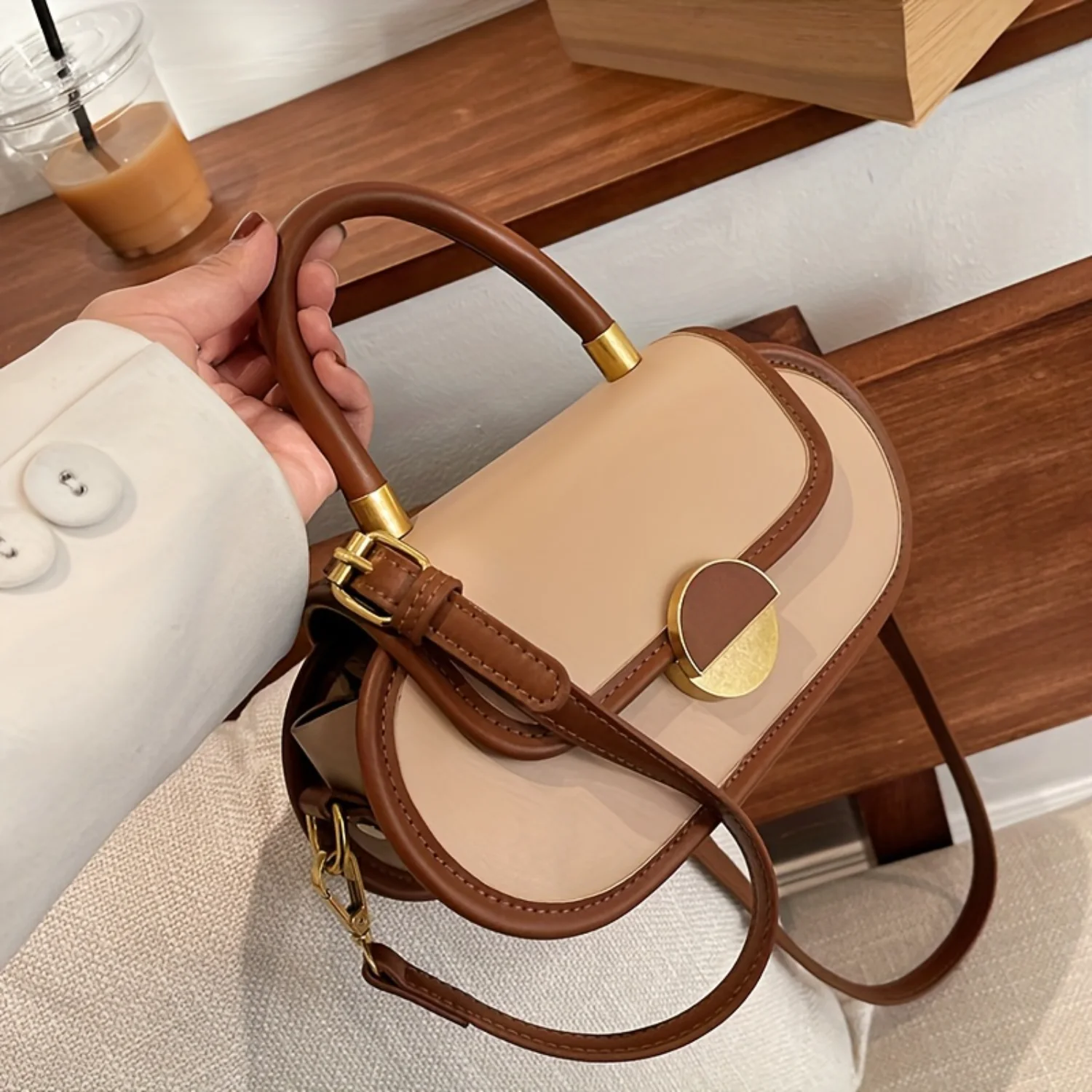 Retro Style Color-Block Crossbody Bag with Buckle Detail, Small Flap Purse for Women