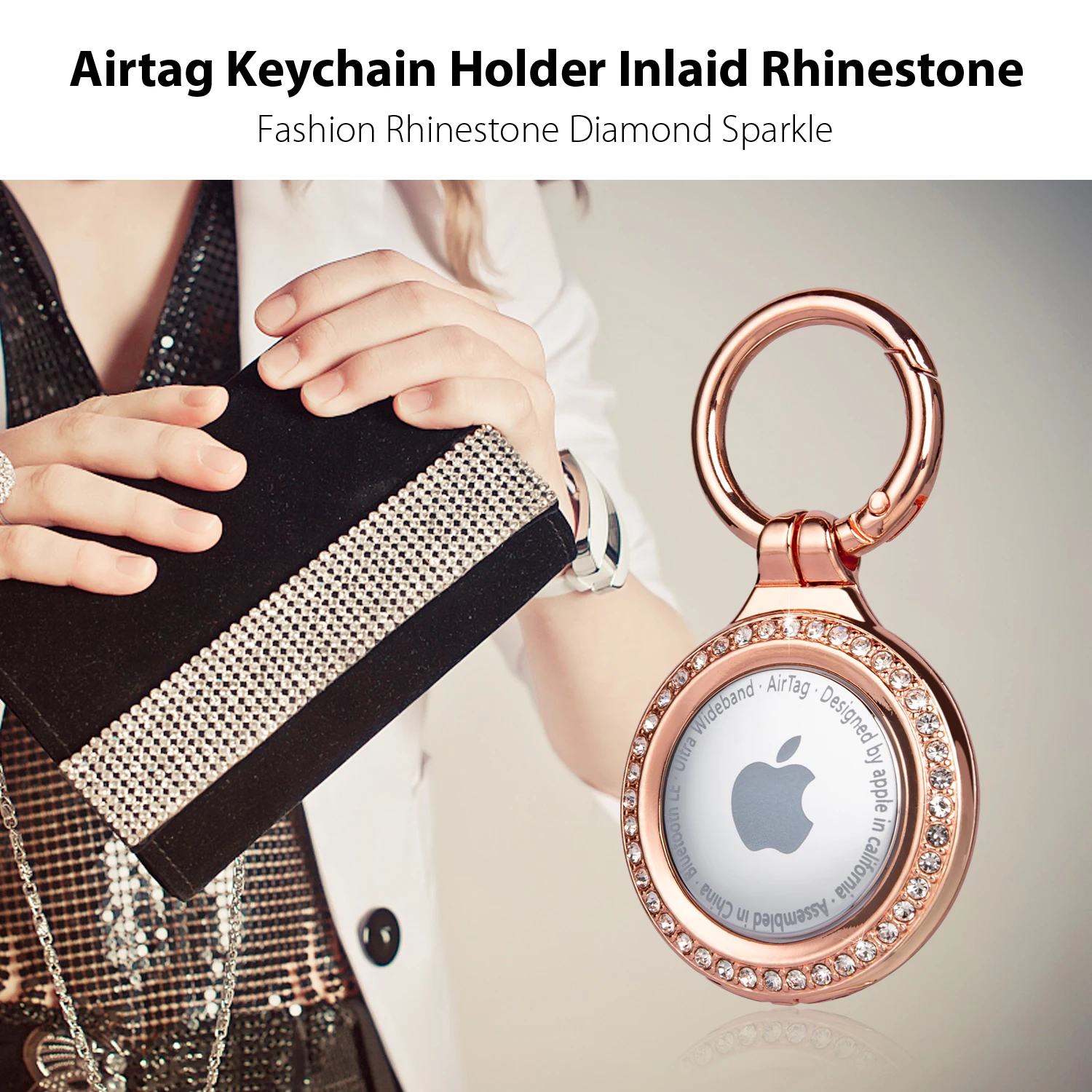 Airtag Holder, All-Metal Badge Inlaid Rhinestone Airtag Keychain for Apple Airtag.