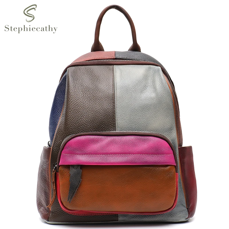 SC Retro Women Genuine Leather Backpack Luxury Colorful Patchwork Multi Pockets Knapsacks Large Soft Casual School Shoulder Bags