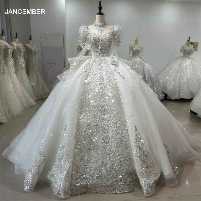 Luxurious High Neck Wedding Dress Bride Dresses Organza Classical Lace Pearls Printed Bridal Gown Vestidos De Novia XS106
