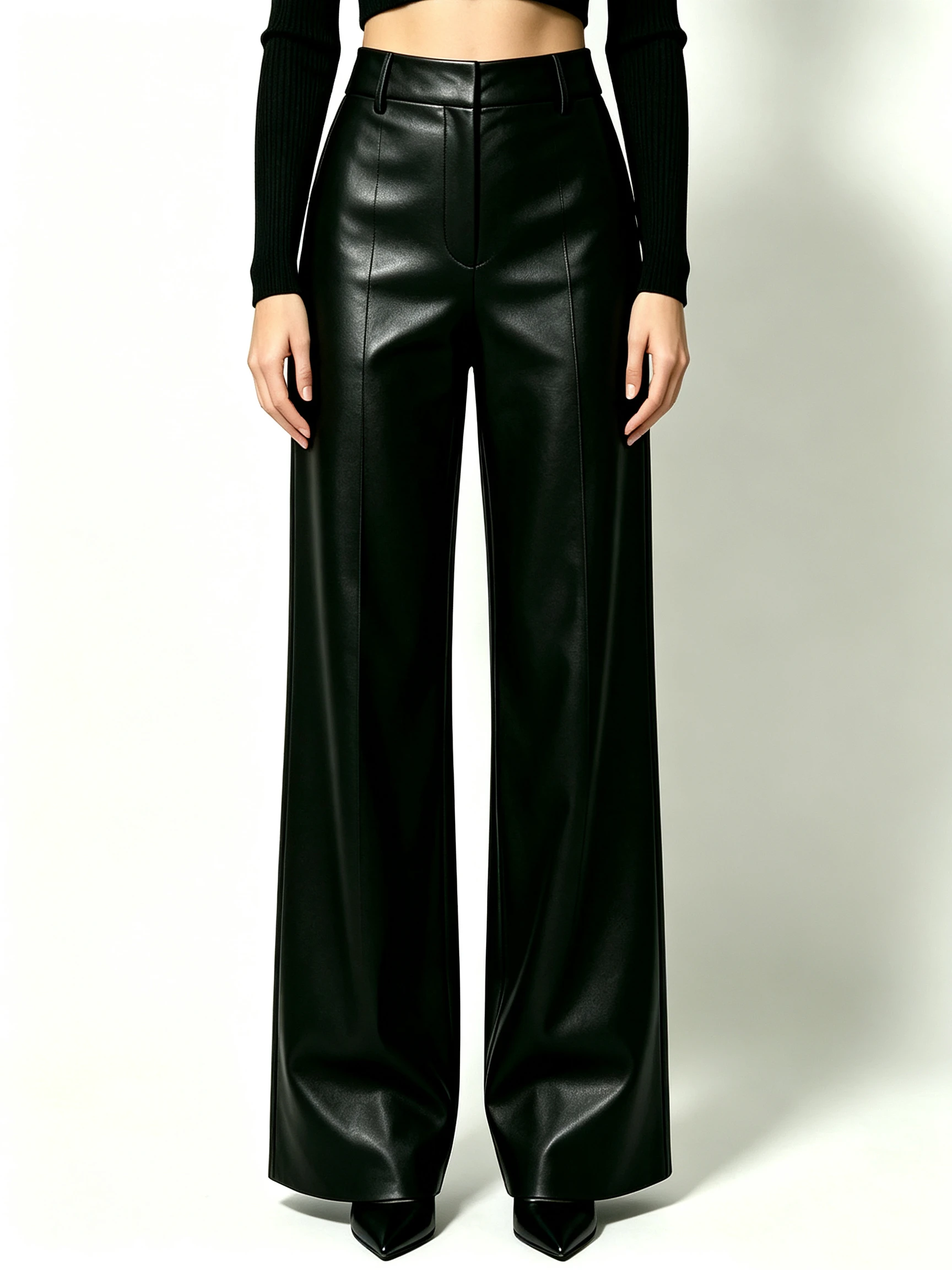 Women's 100% Genuine Leather High-Waist Wide Leg Trousers with Tailored Fit