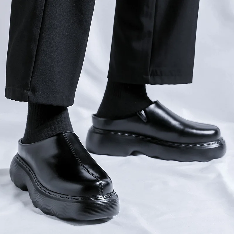 mens fashion half shoes slip-on platform shoe black stylish original leather summer loafers brand designer sneakers man footwear image 4