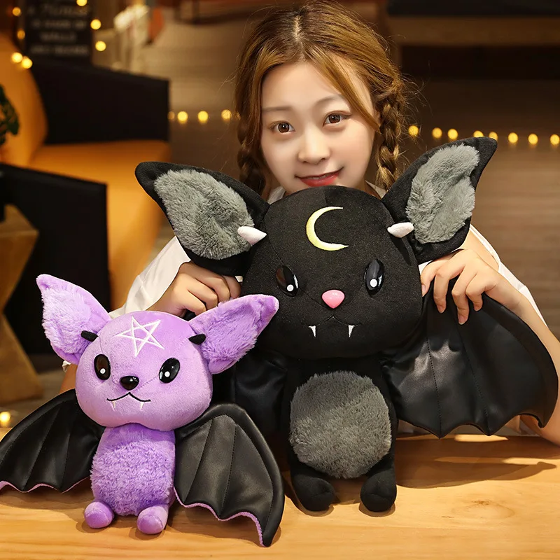 Cute Gothic Bat Stuffed Plush Doll Pentagram Moon Pattern Bat Plush Toy Soft Fluffy Halloween Decor Dark Style Animal Girls Gift