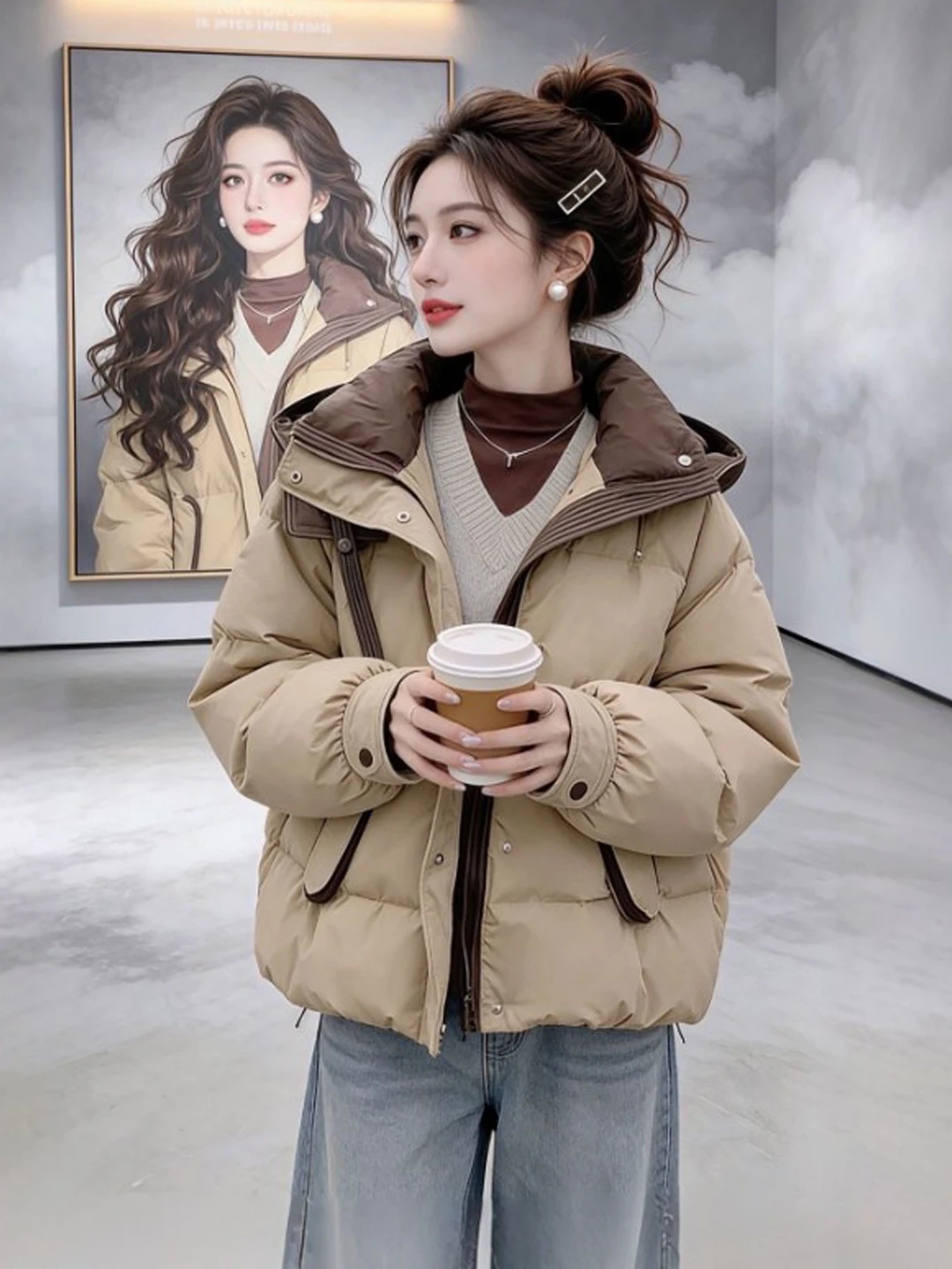 

Ретро-шик зимнее пальто с капюшоном из хлопка для небольших размеров, модное и элегантное