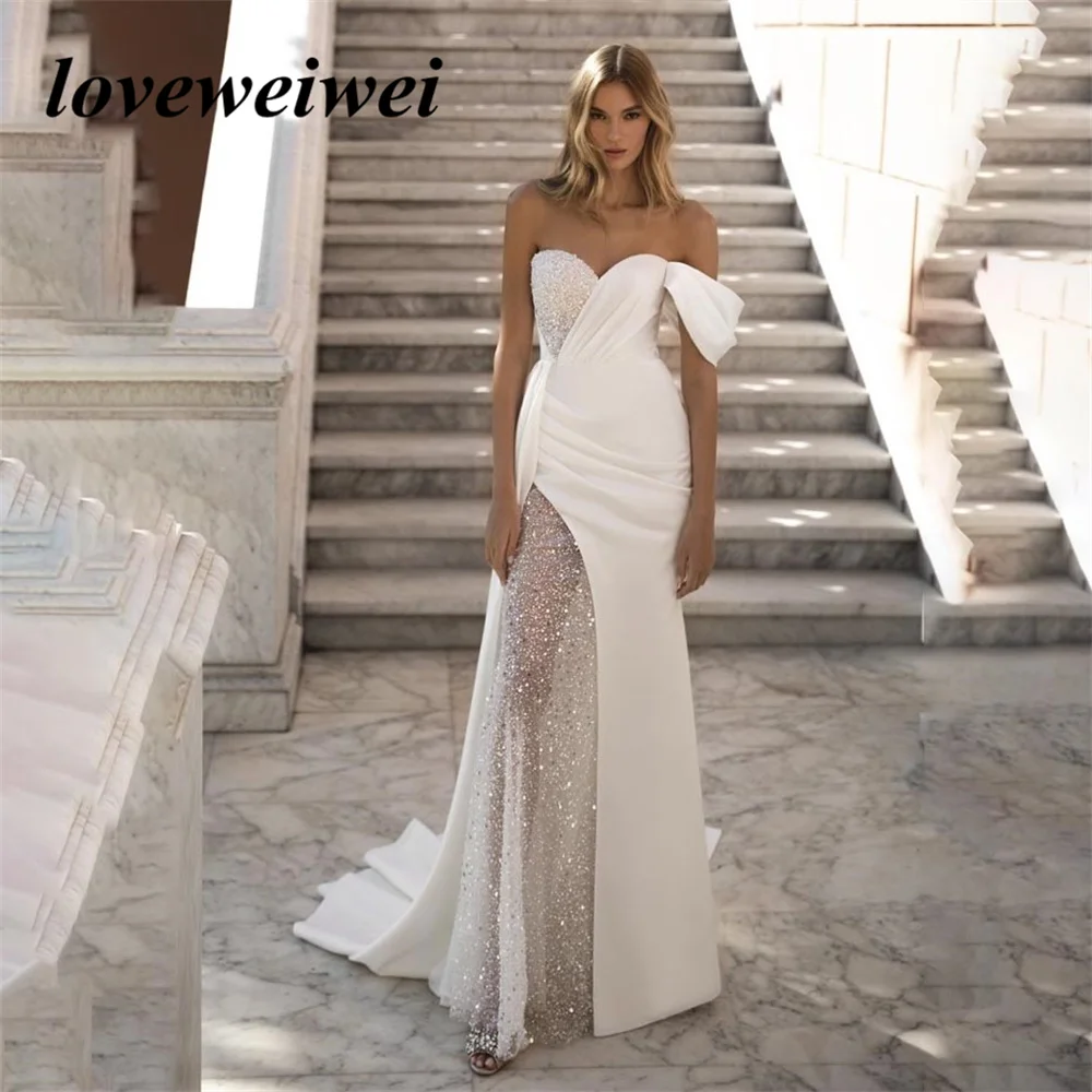 

Luxury Sparkly Sequin One Shoulder Wedding Dresses Mermaid High Slit Dubai Bridal Gows Long Train Bride Dress Vestidos Novia