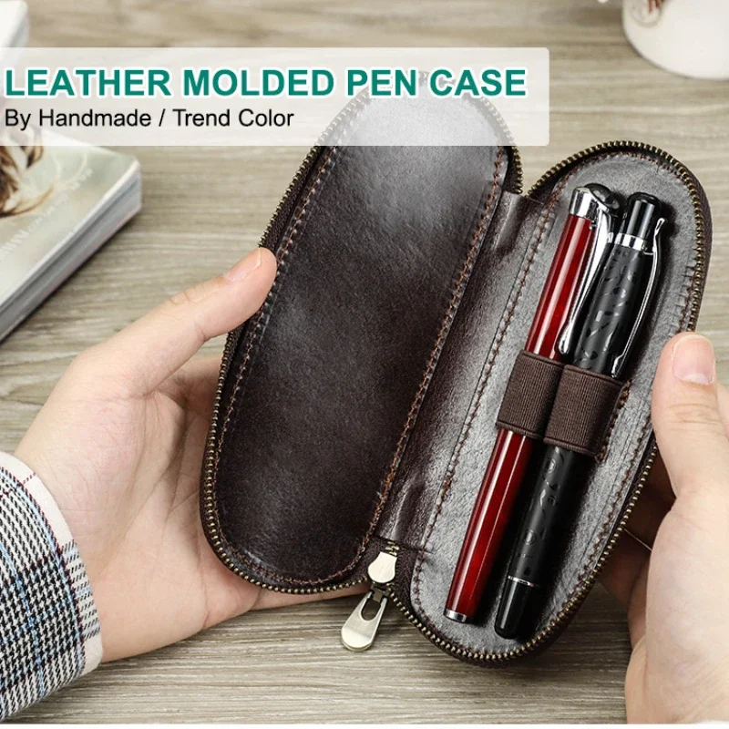 Elegant Genuine Leather 2 Slots Portage Pencil Bag for Fountain Pen Pen Case Pouch Holder School Office Supplies Stationery