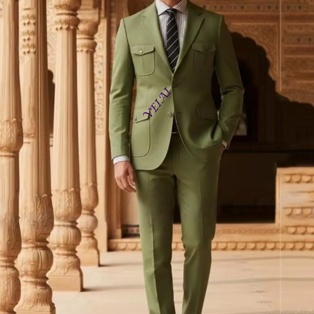 Customized Slim-Fit Men's Suit Two-Piece Set Solid Color Multi-Pocket Formal Casual Wear for Business And Wedding