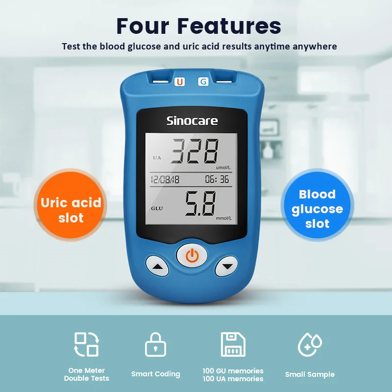 Sinocare 2 em 1 ácido úrico aq ug seguro & medidor de glicose no sangue com viagens de u g teste rápido do uso para pacientes da gota