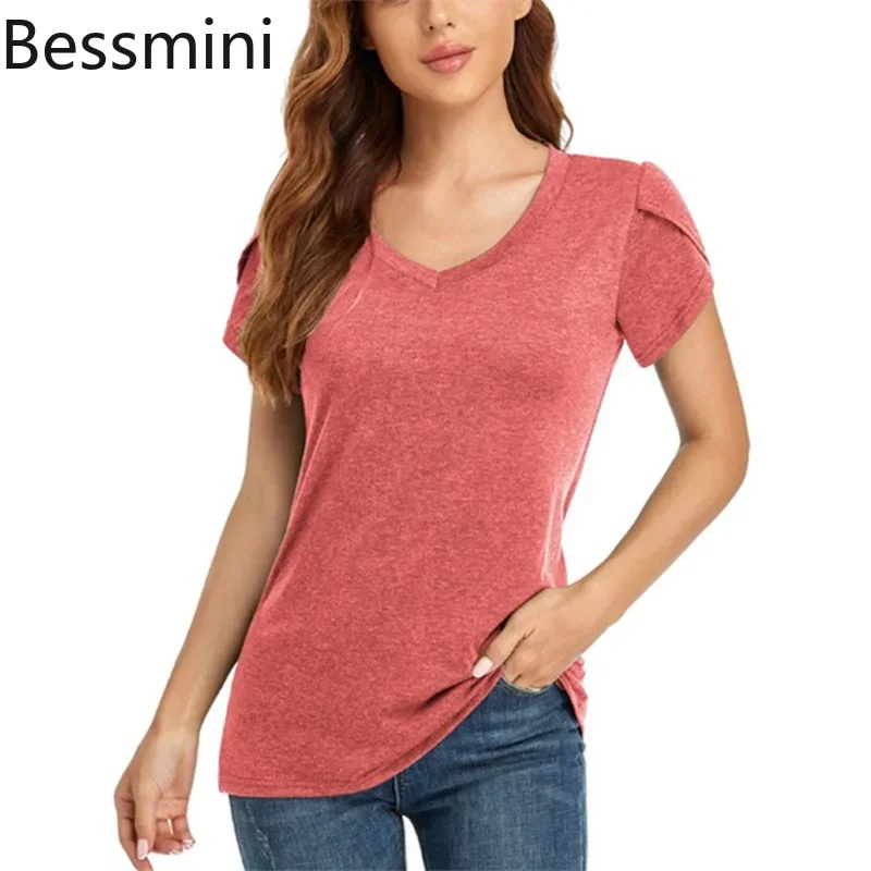 

Women Petal Short Sleeve T-Shirt Fashion Urban Commuter Solid Color V Neck Pullover Top New Female Comfortable Casual Loose Tees