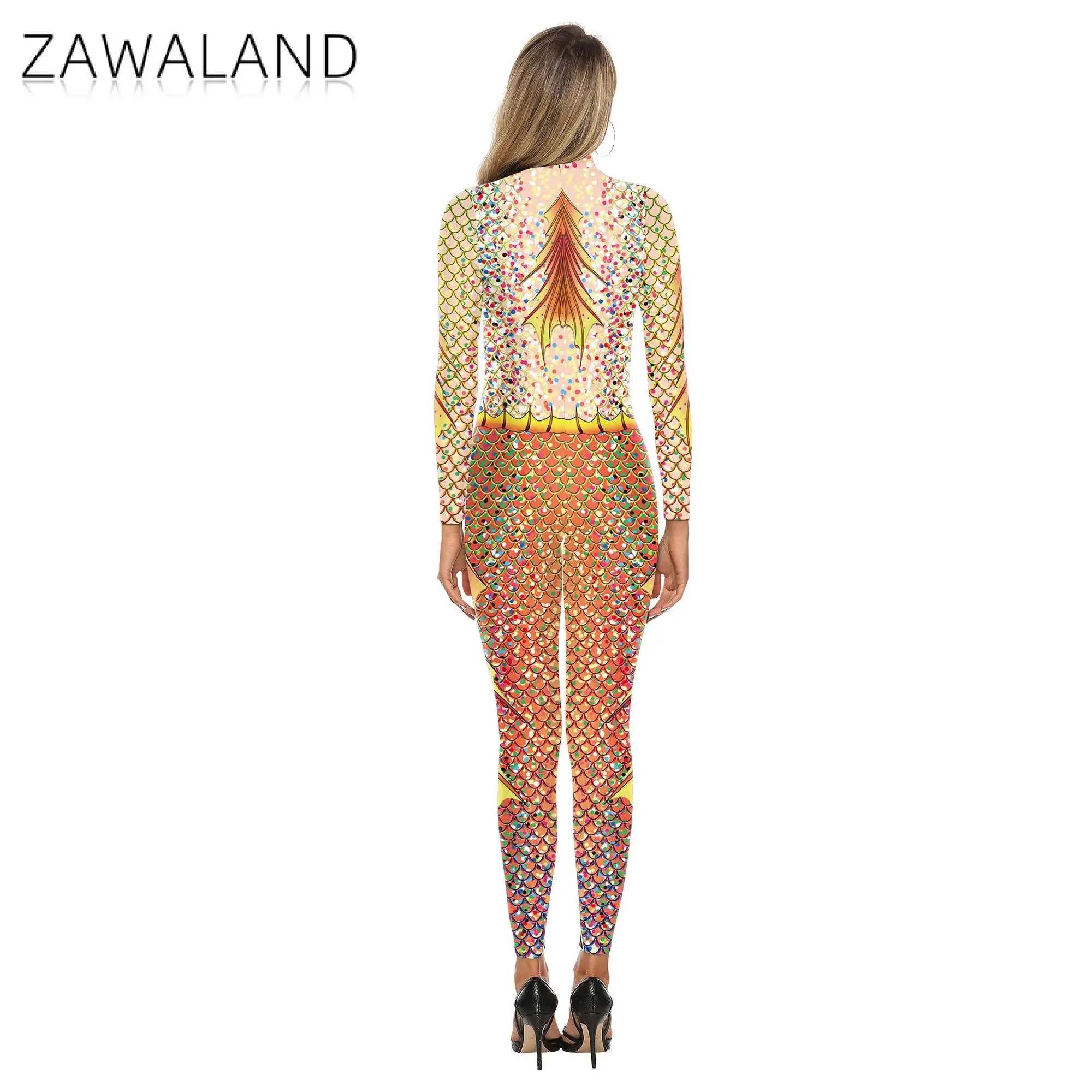 Zawaland Women Mermaid Cosplay Costume Jumpsuits 3D Digital Printing Party Catsuit Fashion Skinny Sexy Bodysuit Zentai Suit