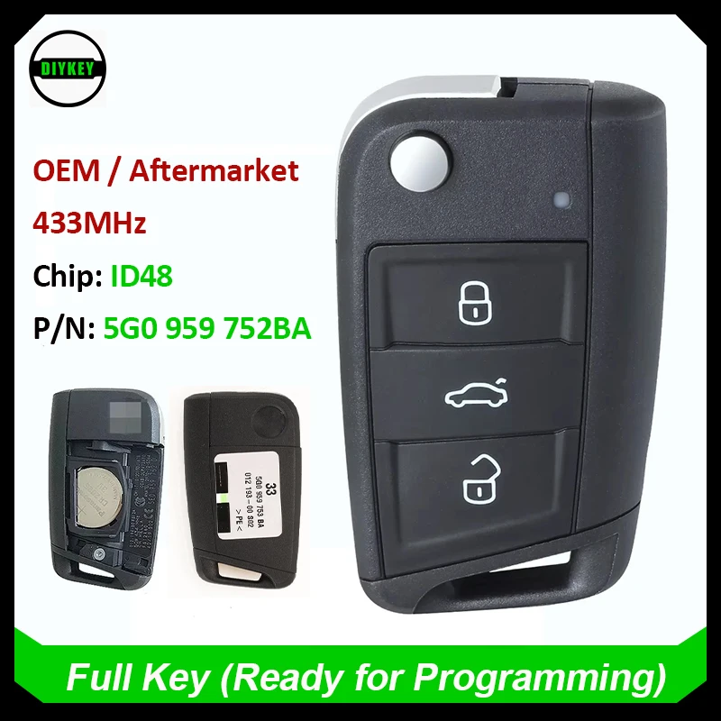 DIYKEY 5G0 959 753BA OEM / Aftermarket Remote Key Fob MQB 434MHz ID48 for Volkswagen VW Golf 7 for Skoda Octavia A7 5G0959753BA