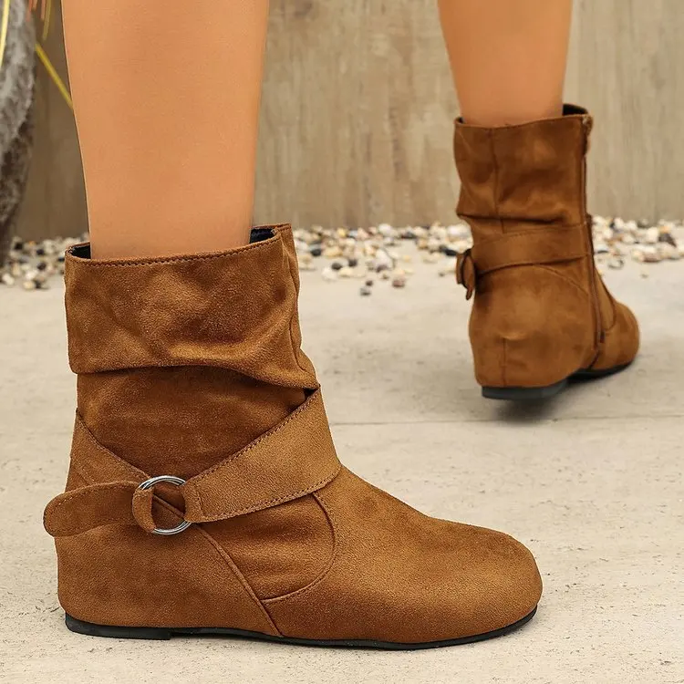 Damen-Stiefeletten mit runder Zehenpartie, verstellbarem Schnallenriemen, seitlichem Reißverschluss, flacher, rutschfester Sohle, lässiges Alltagsschuhwerk für Herbst und Winter – Detail 6