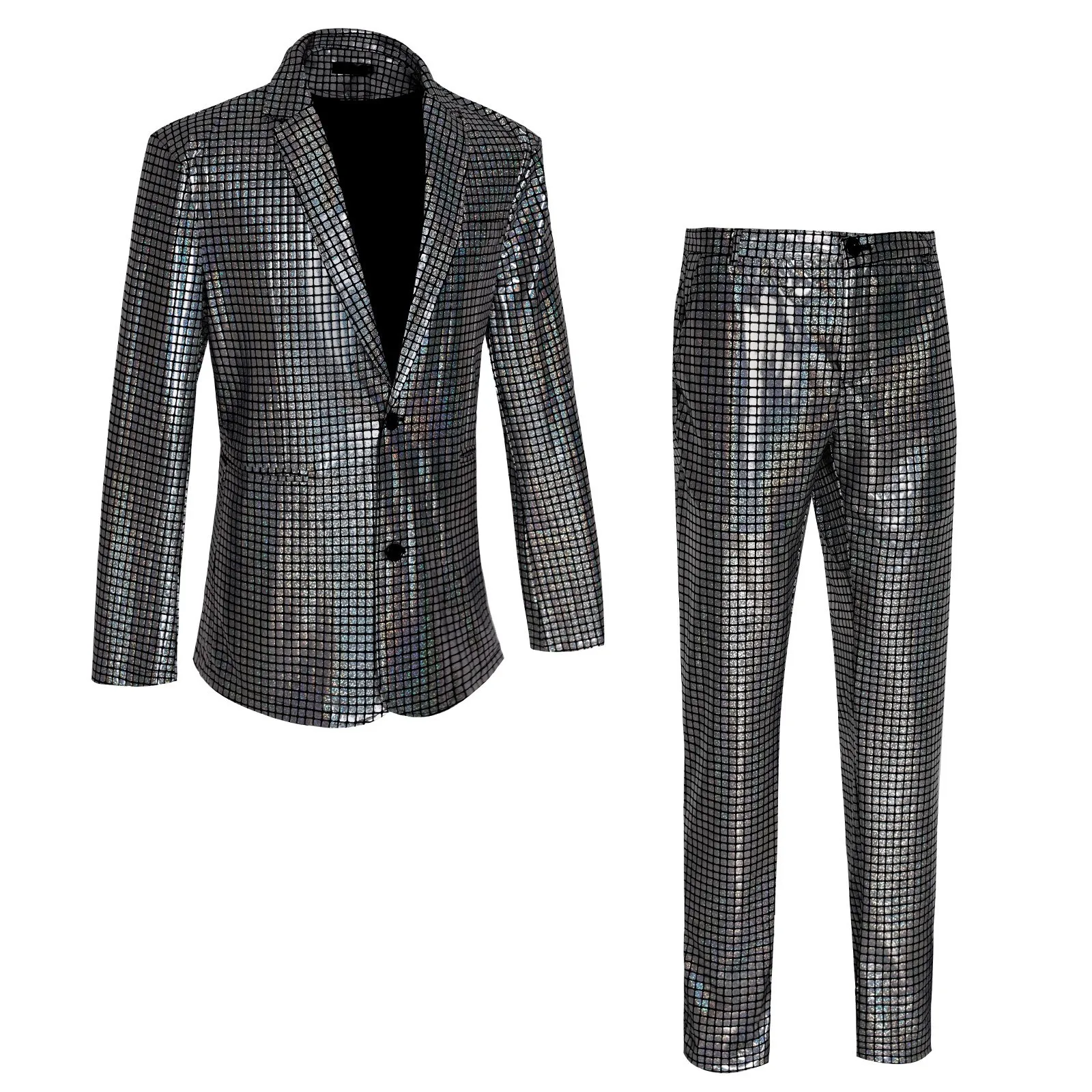 

Mens Sequins Suit Plaid Turn-Down Collar Long Sleeve Slim Fit Elegant Western-Style Clothes Party Cocktail Club Overall Garment