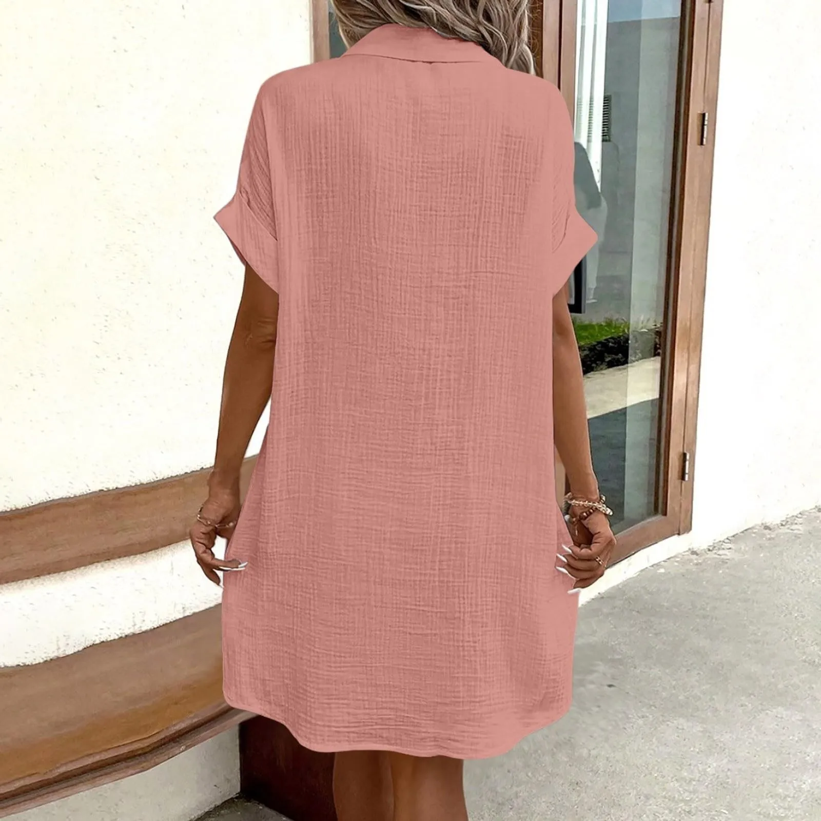 Women Casual Blouse Dress Single Breasted Simple V Neck Button Linen Dress With Pocket Loose Large Size Shirt Dress