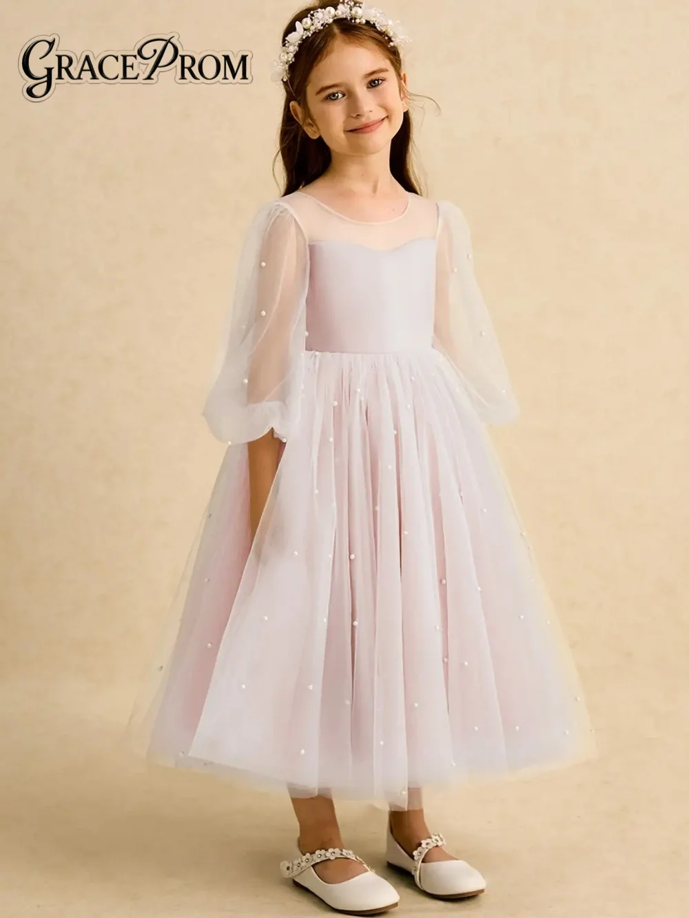 

Elegant Tulle Girl Dress Girl Stage Show Dress Girl Princess Dress Romantic Puff Sleeve A-Line Floor-Length Party Gown