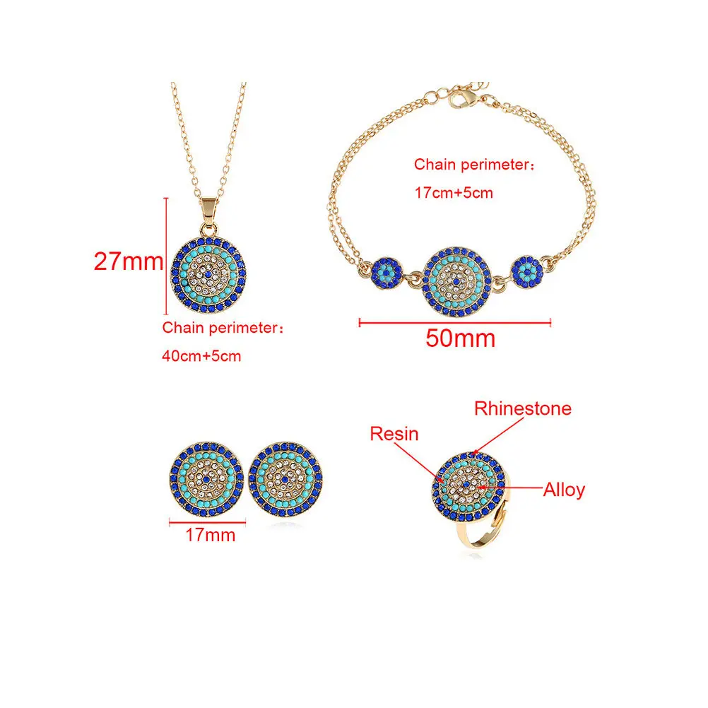Turkish Evil Eye Jewelry Set for Women – Necklace, Earrings, Ring & Bracelet in Blue Alloy - view 4