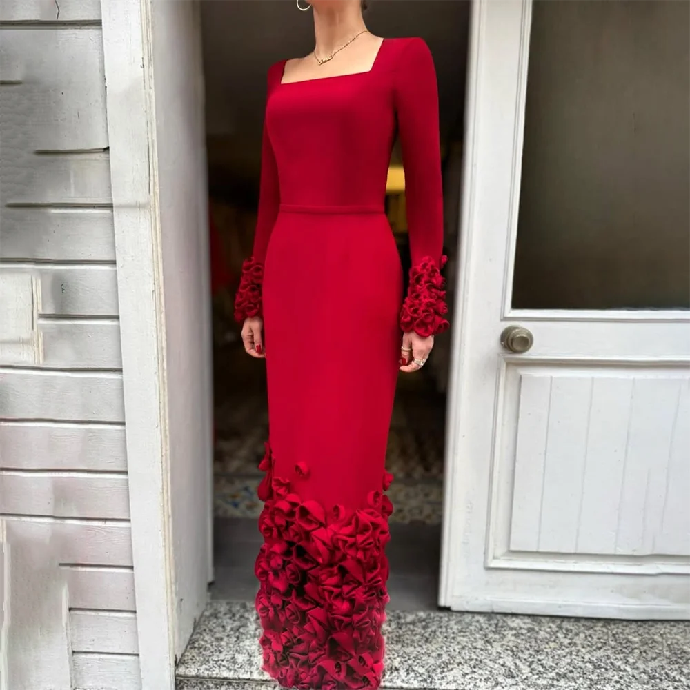 

Red Evening Dress Square Neck Long Sleeve Floor Length Prom Gown Fashion Pleat Pleat Flower Straight Party Dress Customized