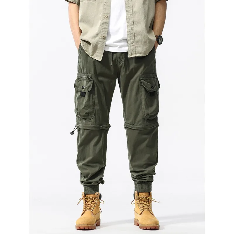 New Fashion Men Detachable Pants Legs Trendy Style Tapered Pants Multi Pockets Cargo Long Pants Male Cotton Tooling Trousers 40