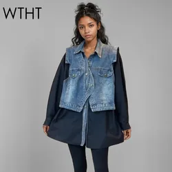 WTHT 여성용 스플라이싱 크로스 데님 페이크 투피스 셔츠, 라펠 긴팔, 루즈 블라우스, 트렌디 신상, 2025 용수철, 1LS659