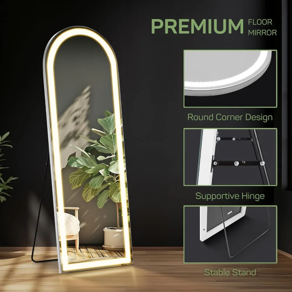 LED-beleuchteter gewölbter Ganzkörperspiegel, 20 x 63 Zoll großer Hochspiegel zur Boden- oder Wandmontage mit vielseitigen Optionen