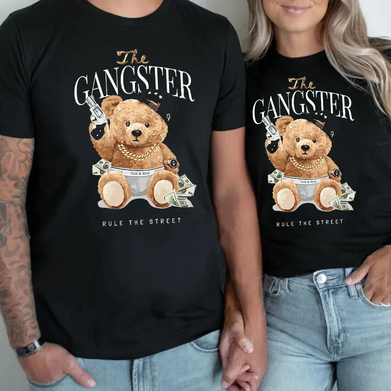 

YRYT New Summer Women's Crewneck Top Men's and Women's T-shirt GANGSTER Bear Print Cotton Short Sleeve Fashion Top