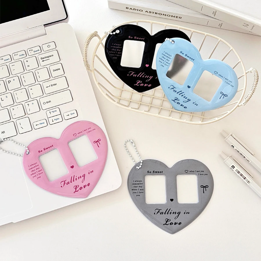 Lindo doble corazón amor 1 pulgada foto CP tarjeta manga doble celosía corazón tarjeta manga llavero colgante