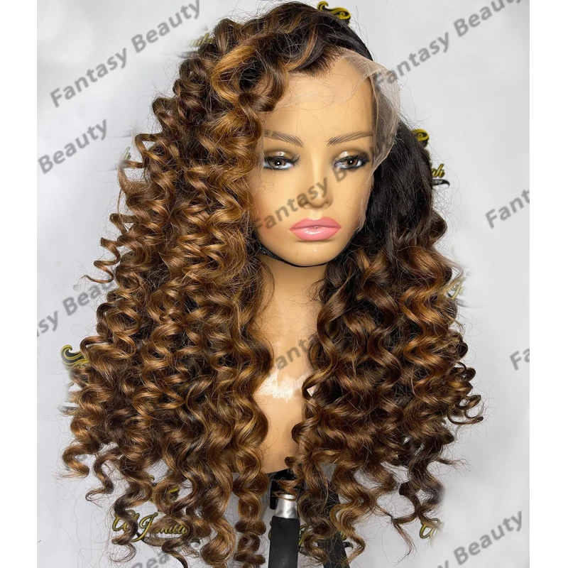 

Indian Ombre Loose Deep Curly Human Hair Women Wigs with Baby Hair Glueless 200Density Caramel Brown Long 13x6 Lace Front Wigs