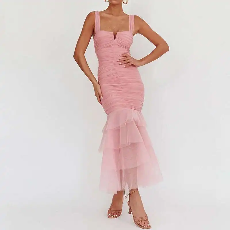 Sexy Off Shoulder Slim A-Line Elegant Solid Color Sleeveless Suspender Prom Dresses Mesh Patchwork Wrap Women's Long Dress