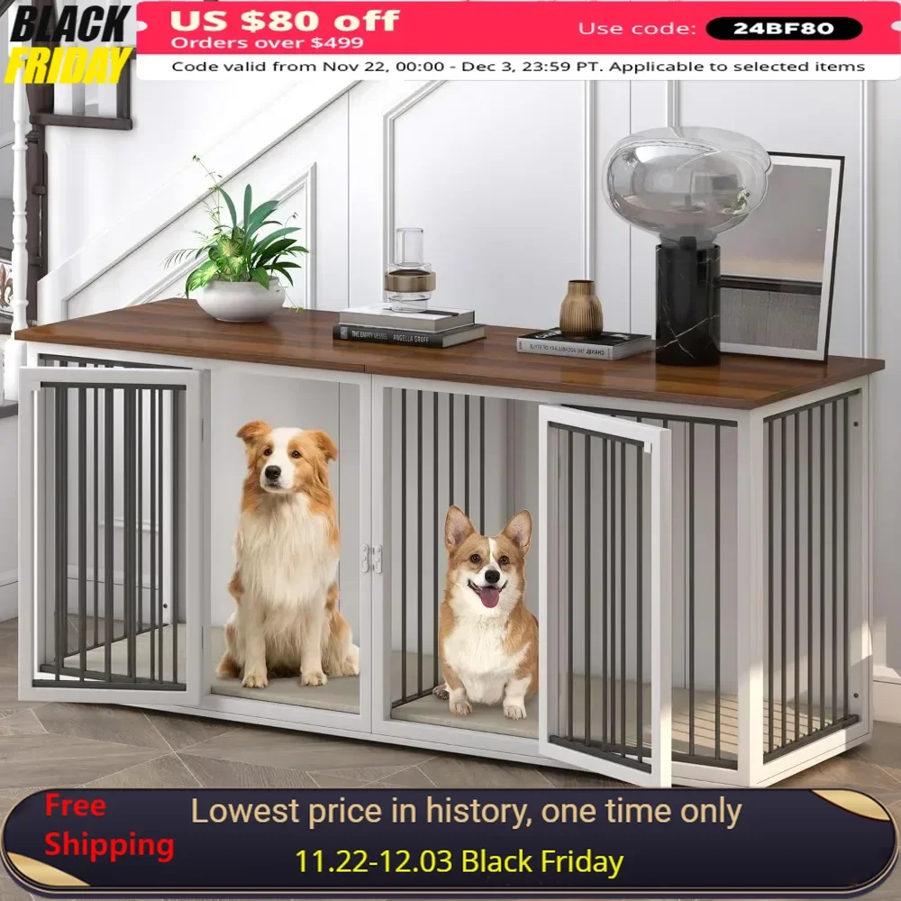 

Large Dog Crate Furniture for 2 Dogs, 71.6'' Steel Frame Dogs Crate with Double Doors, Heavy Sturdy Dog Kennel