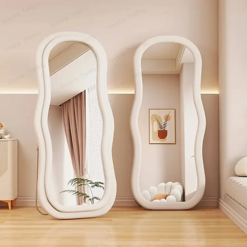 Full-length household floor-to-ceiling mirror cream, special-shaped wave full-length girls' bedroom fitting mirror