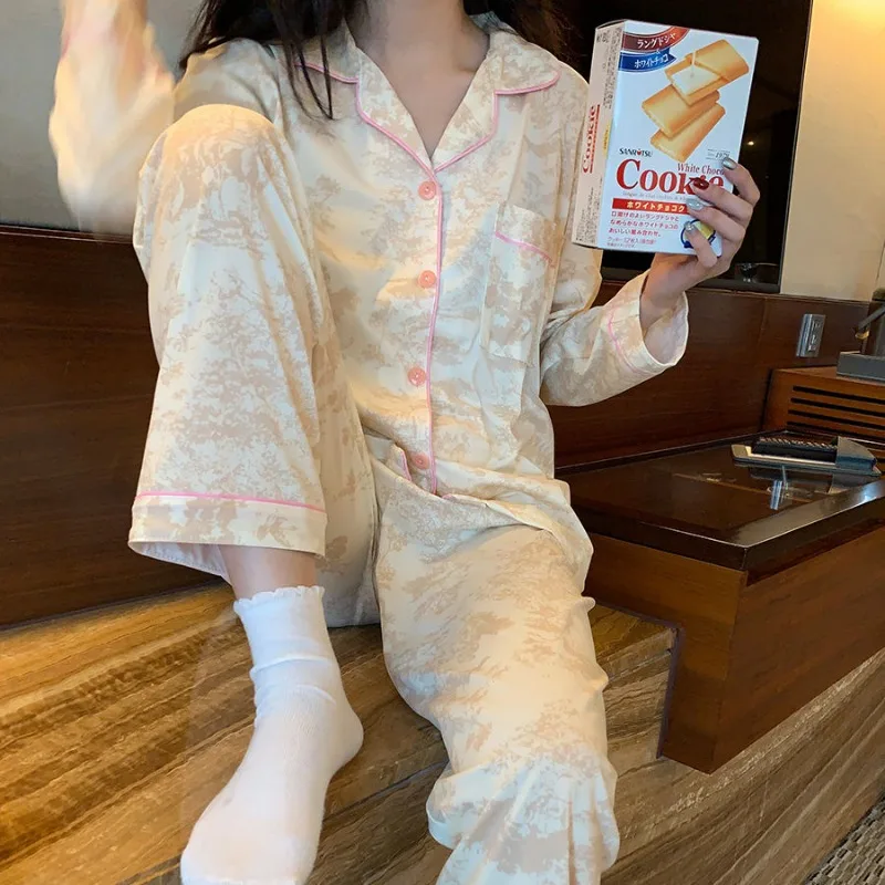 2024 New Spring Summer Long-sleeved Sleepwear Satin Flour Buckle Printing Pajamas V-neck Loose Homewear Sweet Loungewear Suit