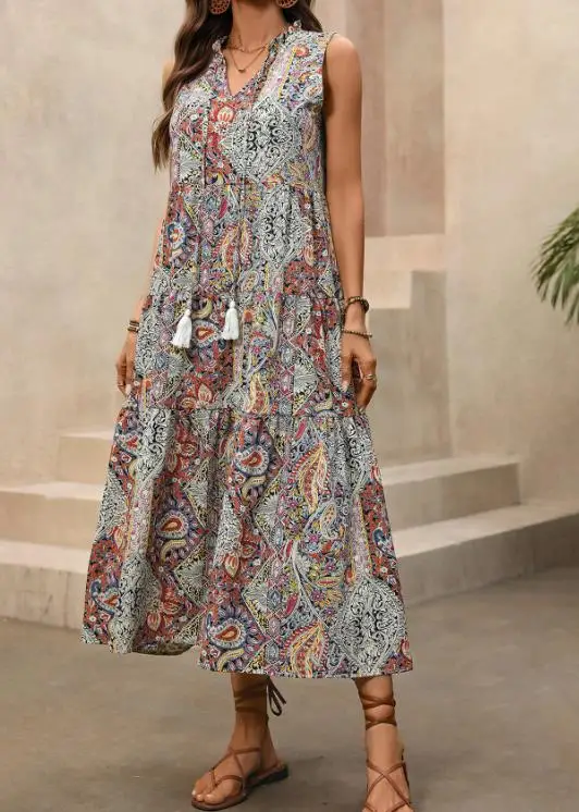 

2026 Summer New Women's Fashion Retro Vacation Style Large Swing Skirt with Tassel Sleeveless Paisley Printed Dress
