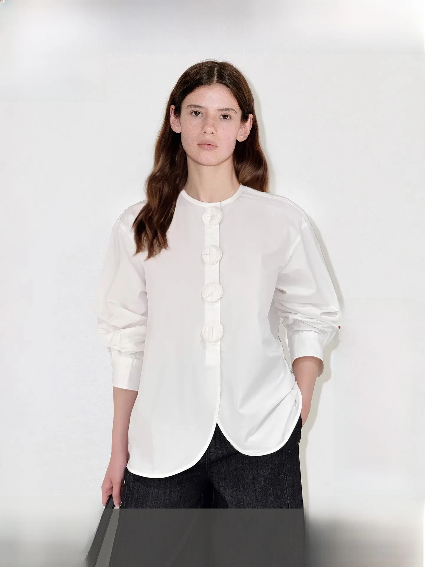 

Fano High-End Long Velvet Cotton irt Women's Spring Faionable Layered round Slice Arc Hem Long Sve Breathable Comfortable