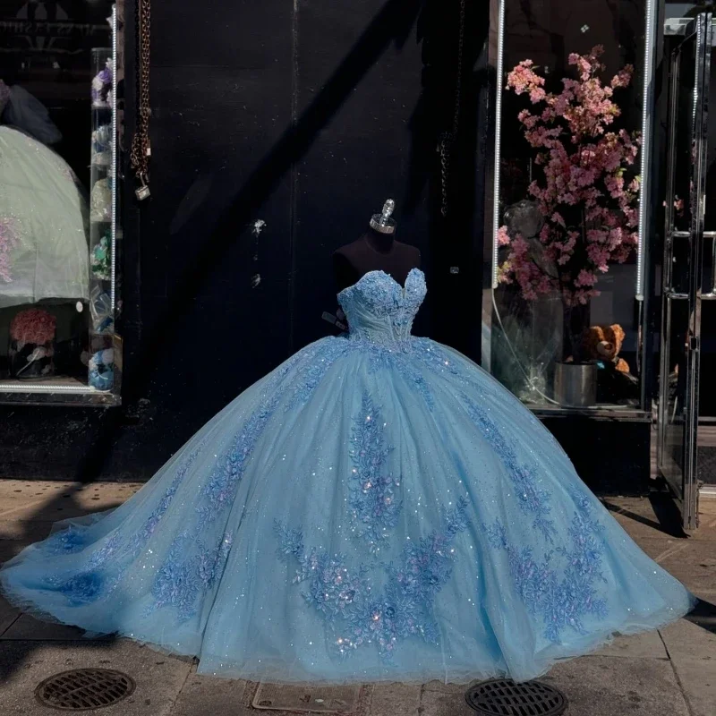 Angelsbridep-vestido De baile azul cielo con apliques personalizados, Vestidos De quinceañera con brillo, vestido De fiesta De tul, Vestidos De Graduación