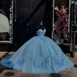 Angelsbridep Customized Appliques Sky Blue Ball Gown Quinceanera Dresses With Glitter Tulle Party Dress Vestidos De Graduación