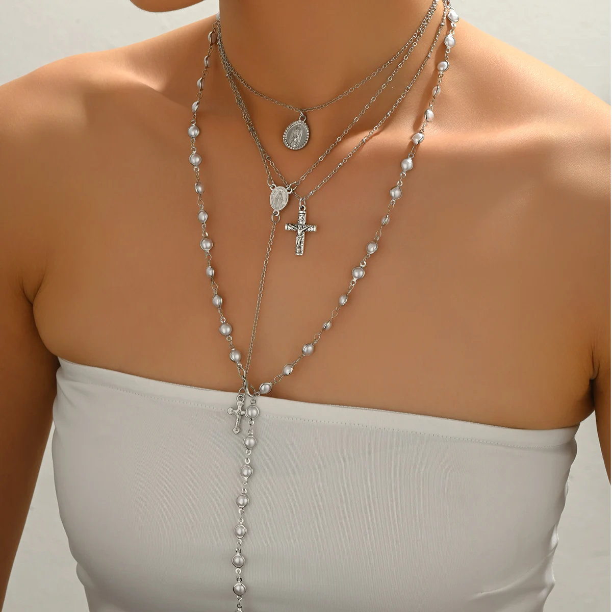 Layered Rosary Cross Necklace Vintage Gold Silver Mary Pendant Pearl Beaded Y Lariat Jewelry Gift for Women image 3