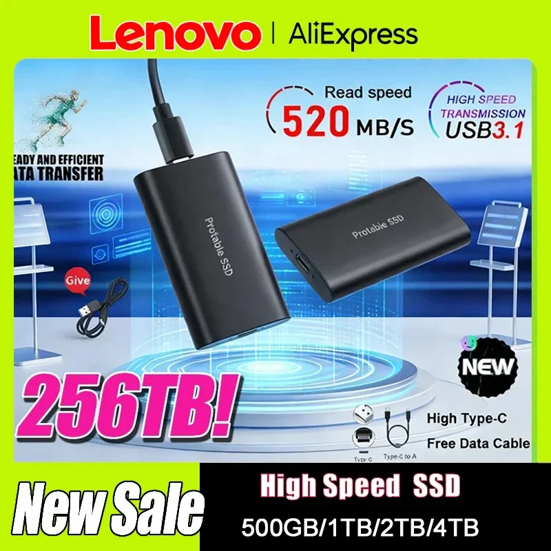 

Портативный SSD-накопитель Lenovo 2 ТБ, 4 ТБ, 8 ТБ, 256 ТБ: высокоскоростные твердотельные диски большой емкости для ноутбуков/MAC
