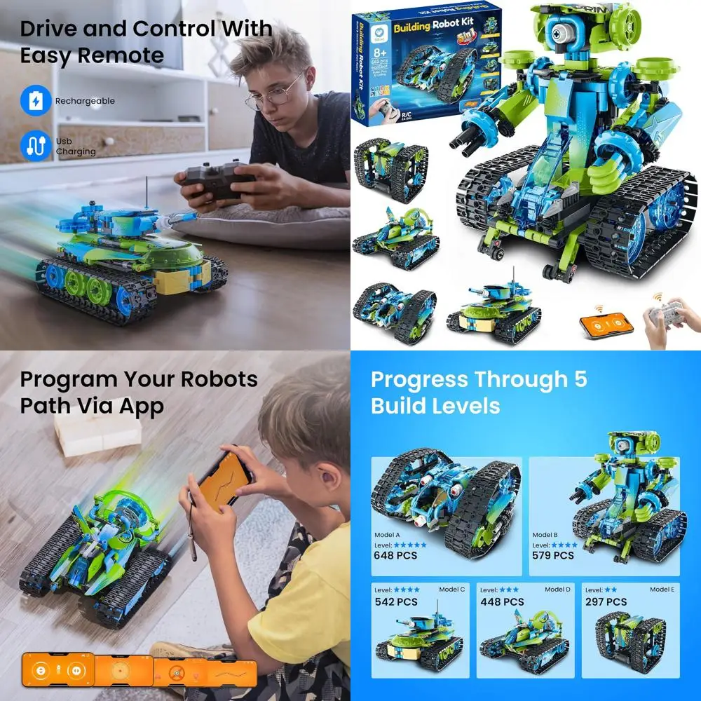

5-in-1 Technic Robot Car Kit with Remote Control, STEM Gift for Boys 8-14, Coding Stunt Racer Toy, 662 Pieces for Birthday