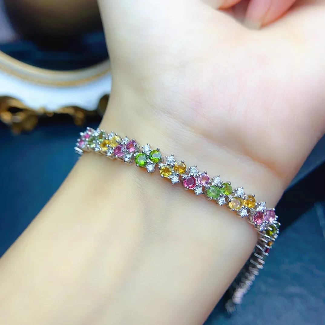 Natural Candy Color Tourmaline Tennis Bracelet 3x3mm Round Cut 925 Silver Adjustable Multicolor Gemstone Bracelet