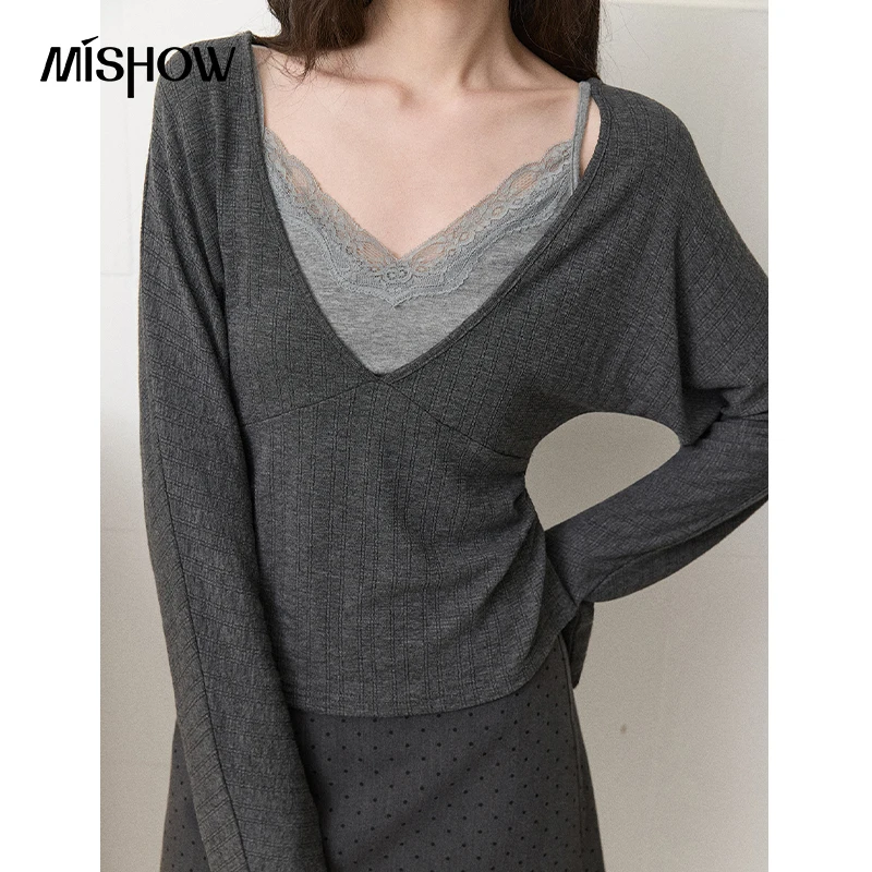 MISHOW Women's Gray Fake Two-piece Knit Top 2026 Autumn V-neck Patchwork Lace Sling Tops Slim Batwing Sleeve Knitwear MXF43T3183