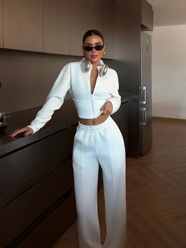 

Fashion Zipper Cropped Sweatshirt Set Women Full Sleeve Sweatshirts High Waist Wide-leg Pants Sets 2026 New Spring Daily Outfits