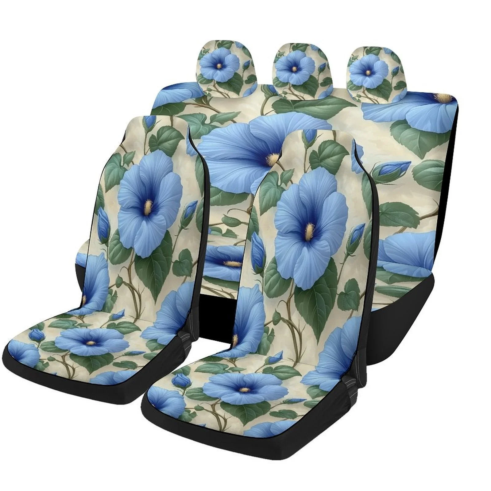 Set Of Car Seat Covers Featuring Blue Hibiscus Flowers, Suitable For Various Vehicles. Stylish And Durable, This Complete Set In