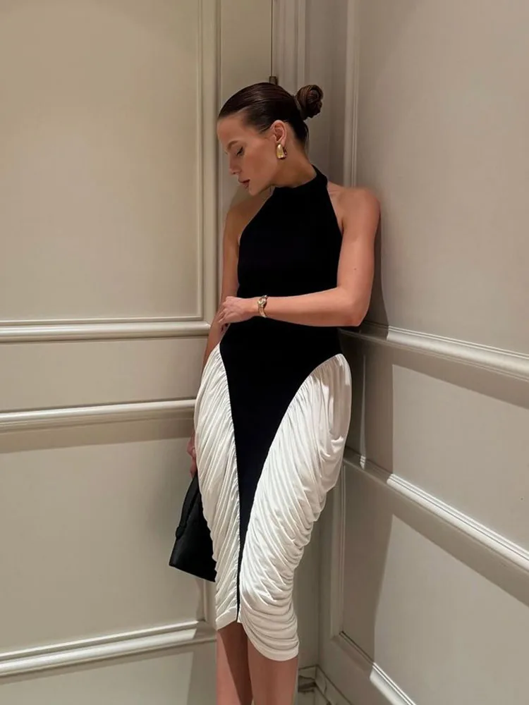 فستان أنيق بدون ظهر Bodycon ميدي للنساء 2025 بألوان متباينة فساتين سهرة للحفلات صيفية أنيقة بدون أكمام #3